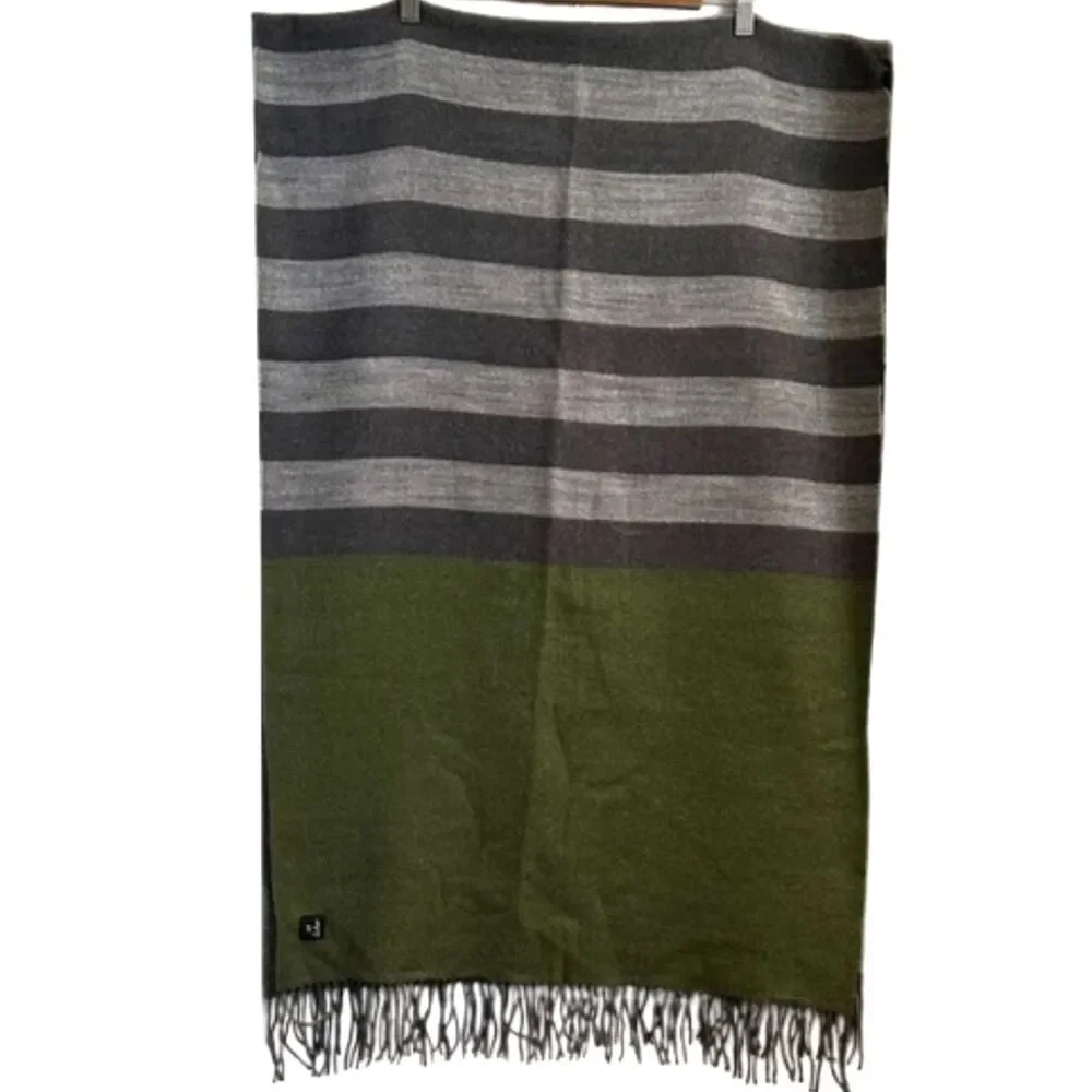 Echo Wool Rectangle Scar Soft Neck Warmer Fringe Stripe Professional Green Gray